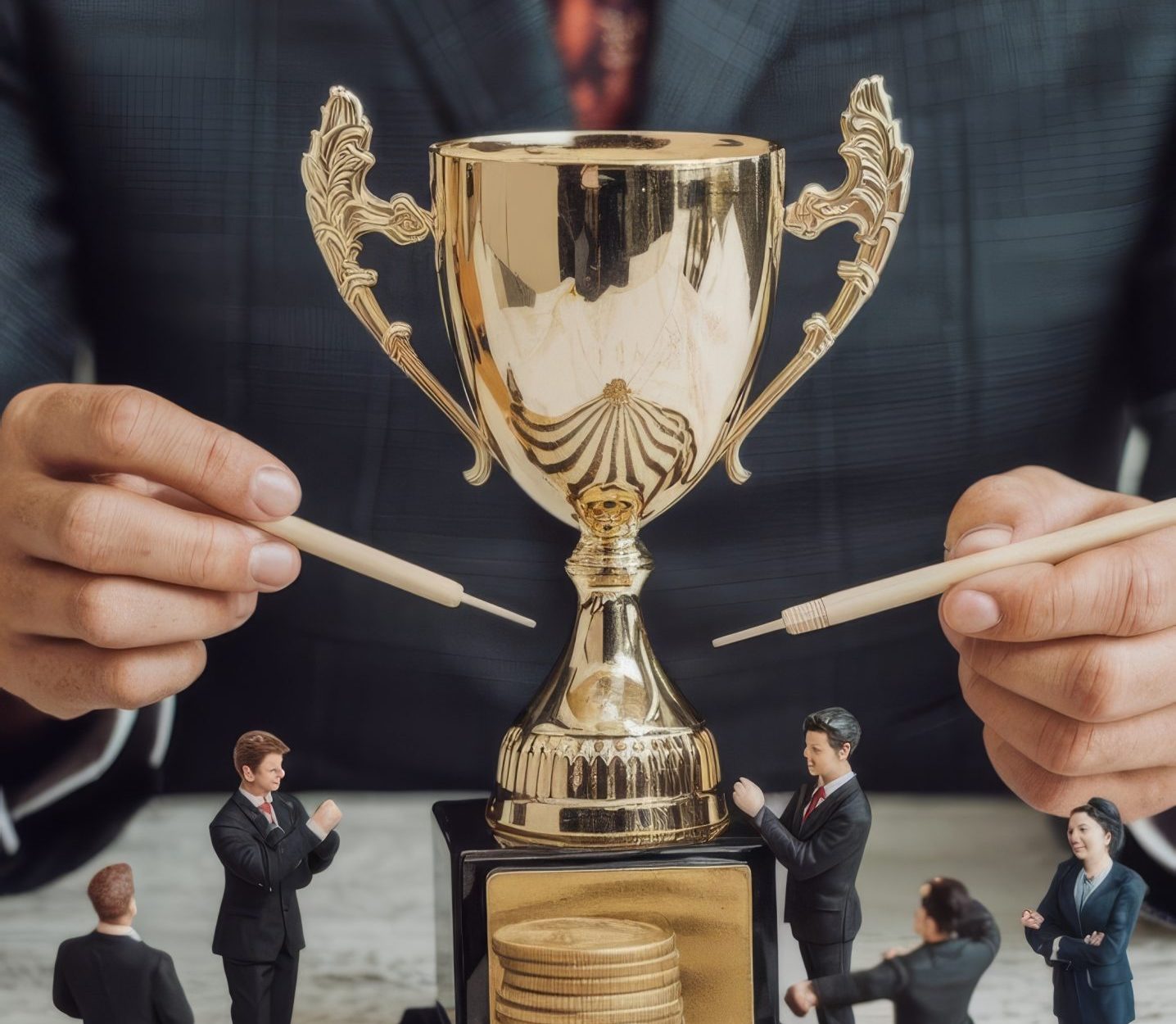 business miniature people standing around gold trophy stack gold coin dartboard hitting i