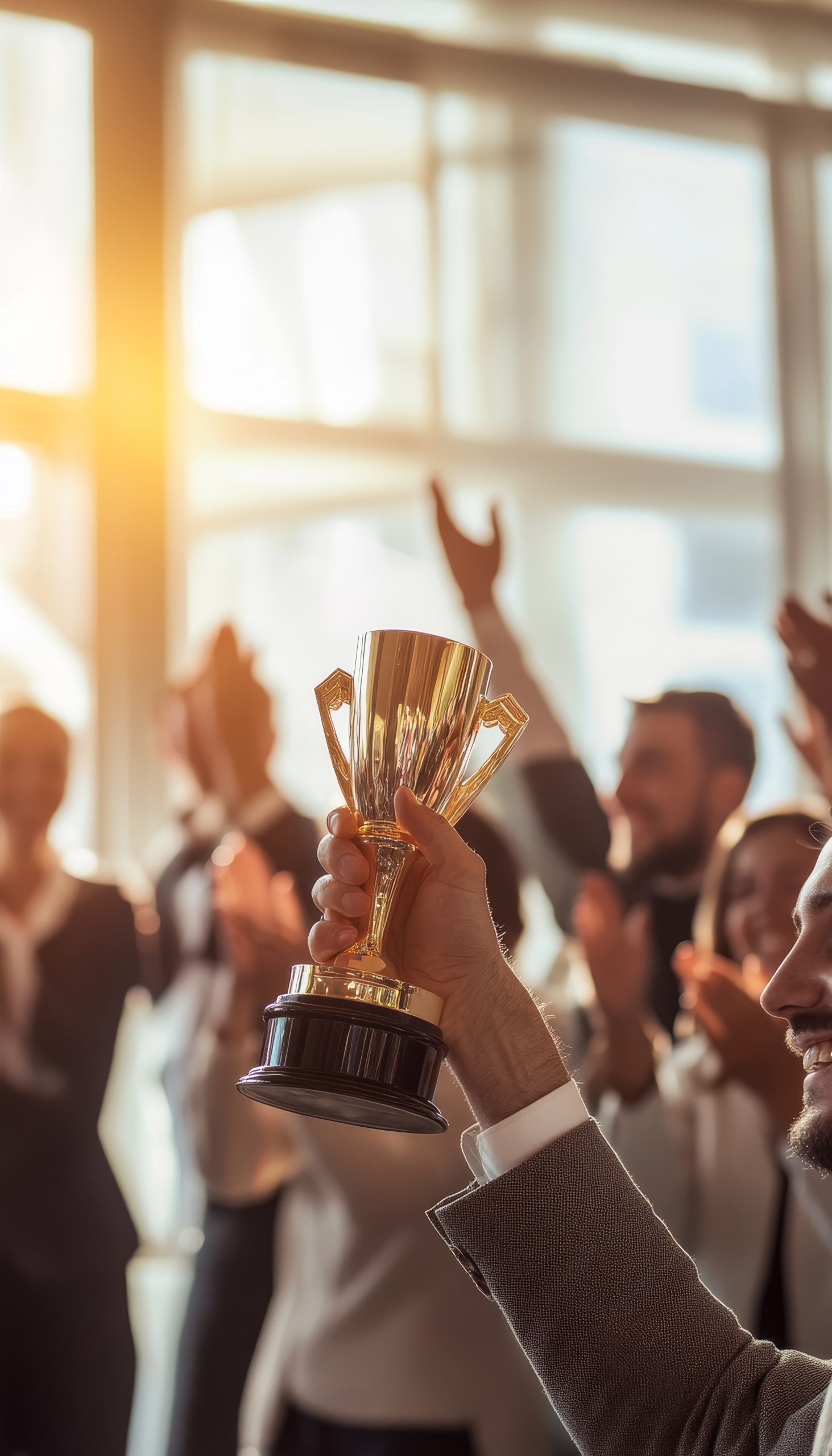 hand holding award cup with smiling happy crowd (1)