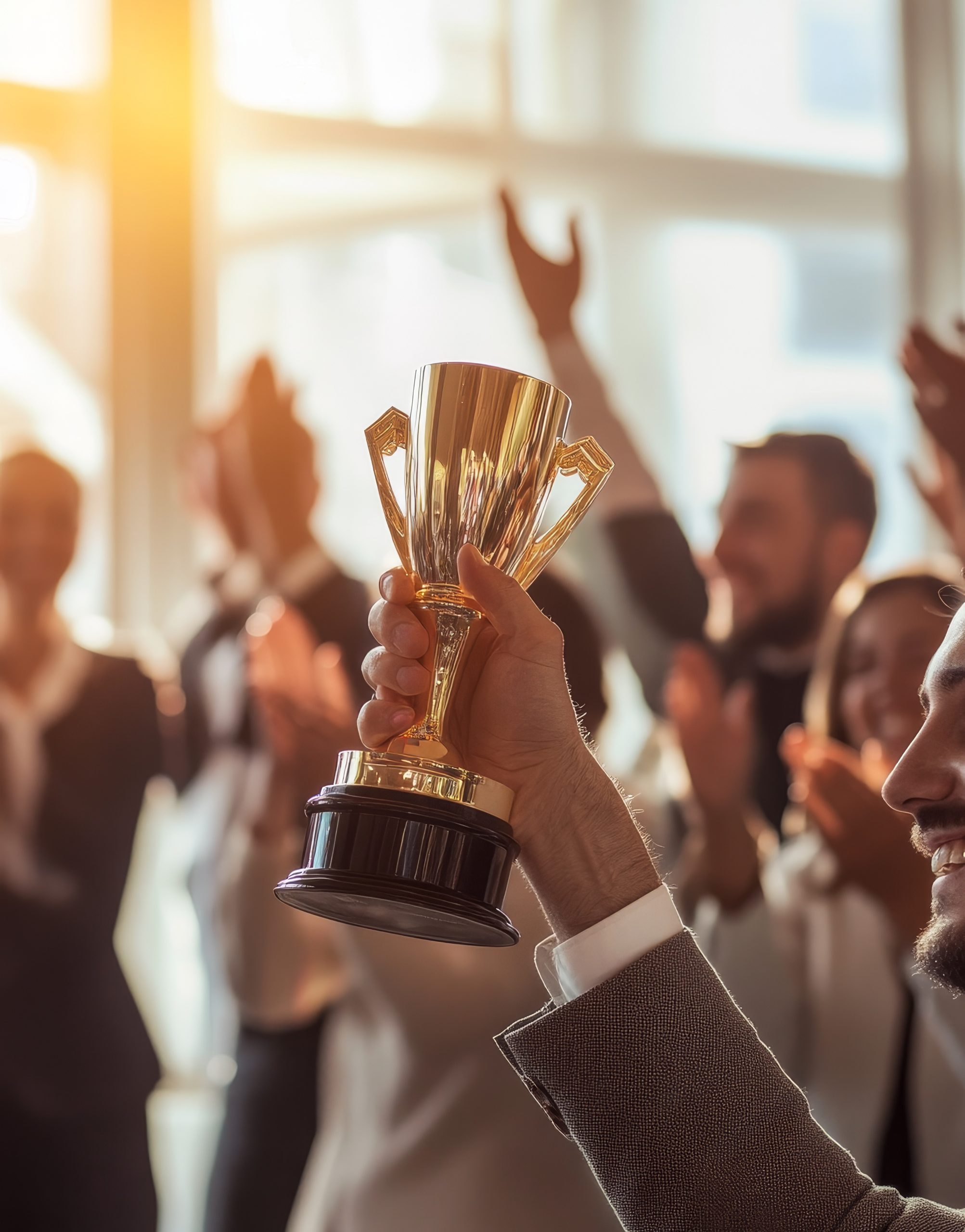 hand holding award cup with smiling happy crowd (2)